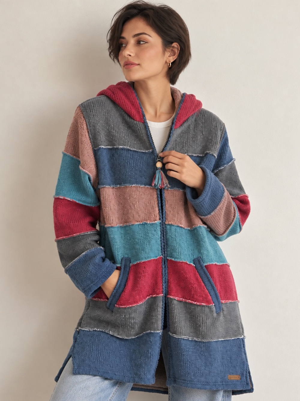 Laundromat 100% Wool Patchwork Knit Hooded Long Cardigan Jacket Boho